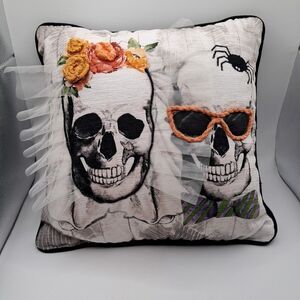 Halloween Skull Couple Bride & Groom Spider Throw Pillow Gorgeous! 12" x 12"